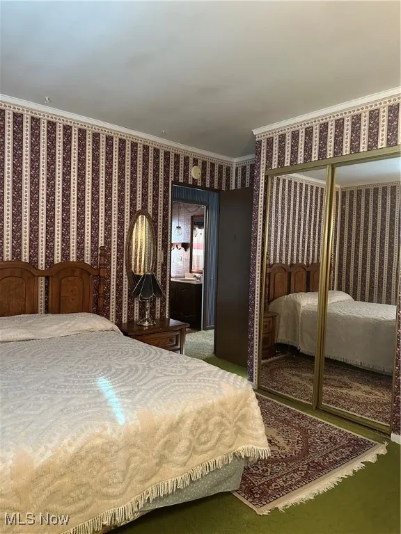 Carpeted bedroom with crown molding and a closet