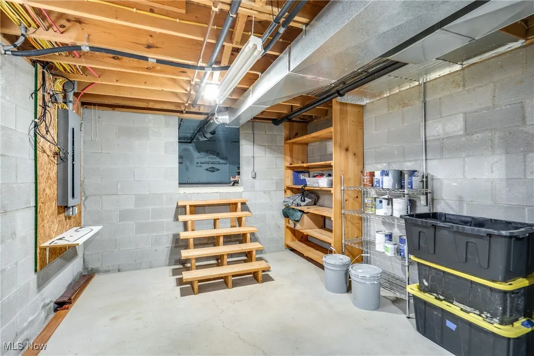 Unfinished basement with electric panel