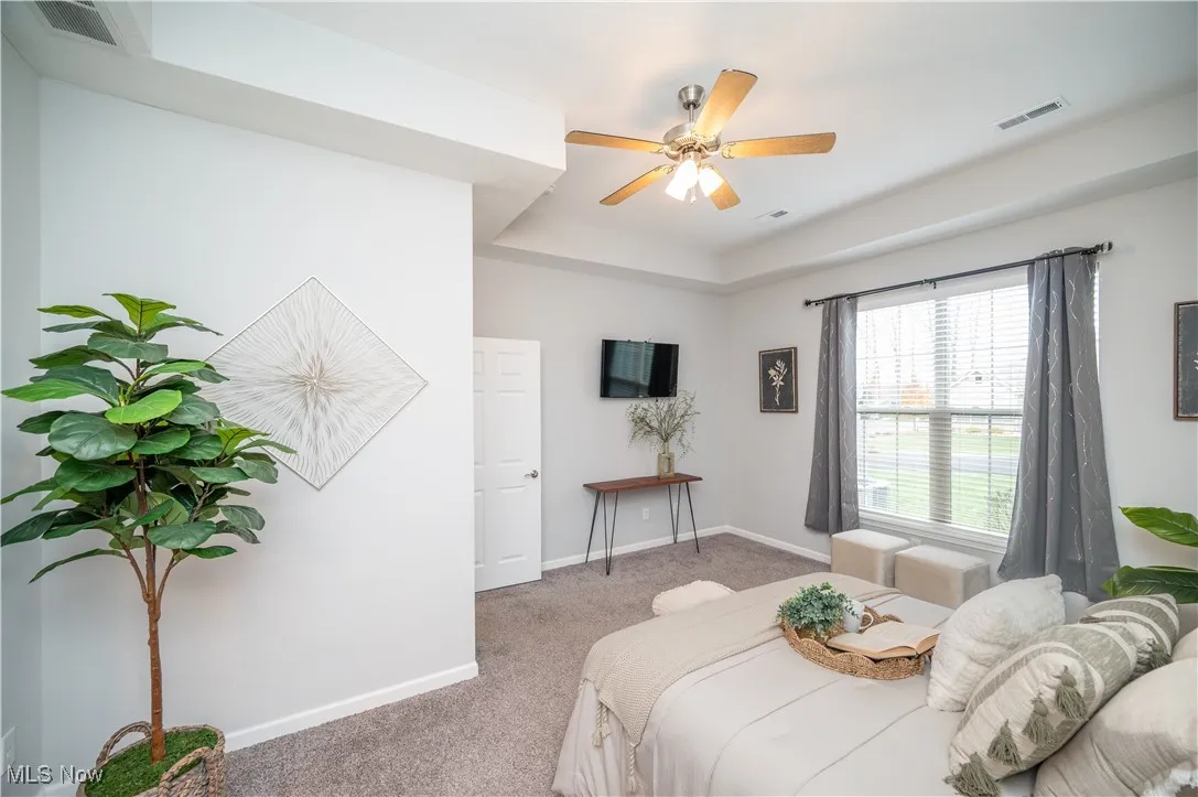 Master bedroom with carpet, and ceiling fan