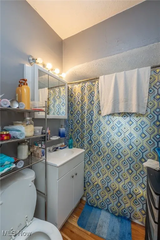 Bathroom featuring a shower with shower curtain, light wood-type flooring, and vanity