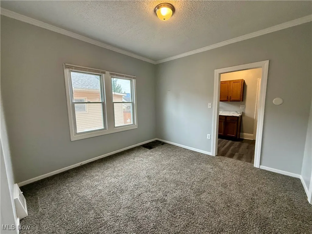 Unfurnished room featuring crown molding, dark carpet, and a textured ceiling