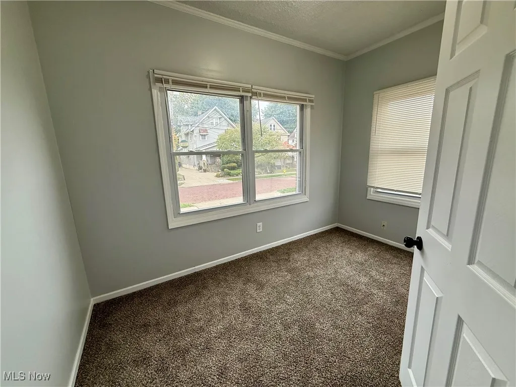 Empty room featuring dark colored carpet, ornamental molding, and a textured ceiling