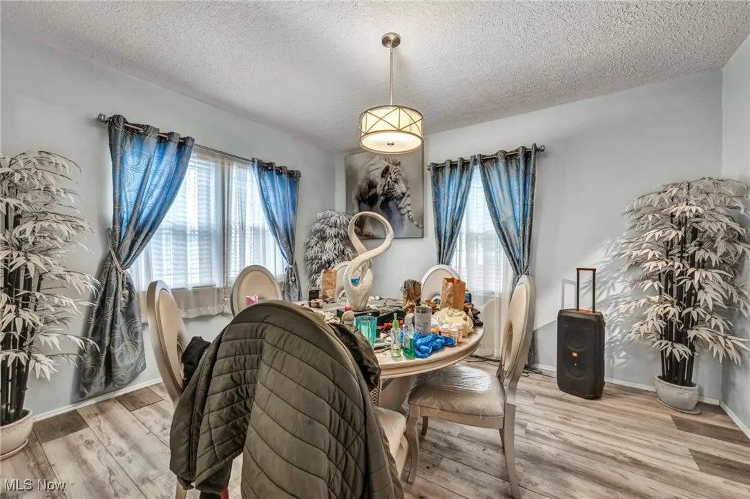 Dining area featuring a textured ceiling and light wood-type flooring