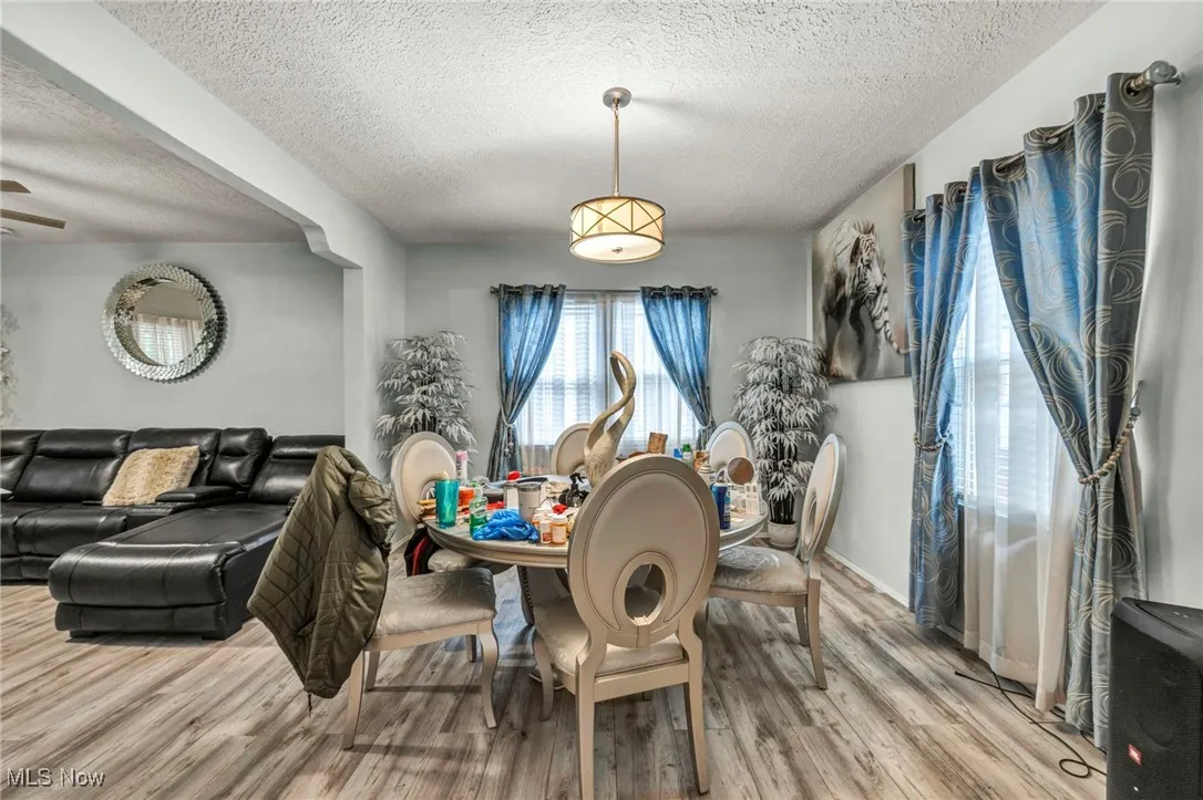 Dining area featuring light wood-type flooring and a textured ceiling