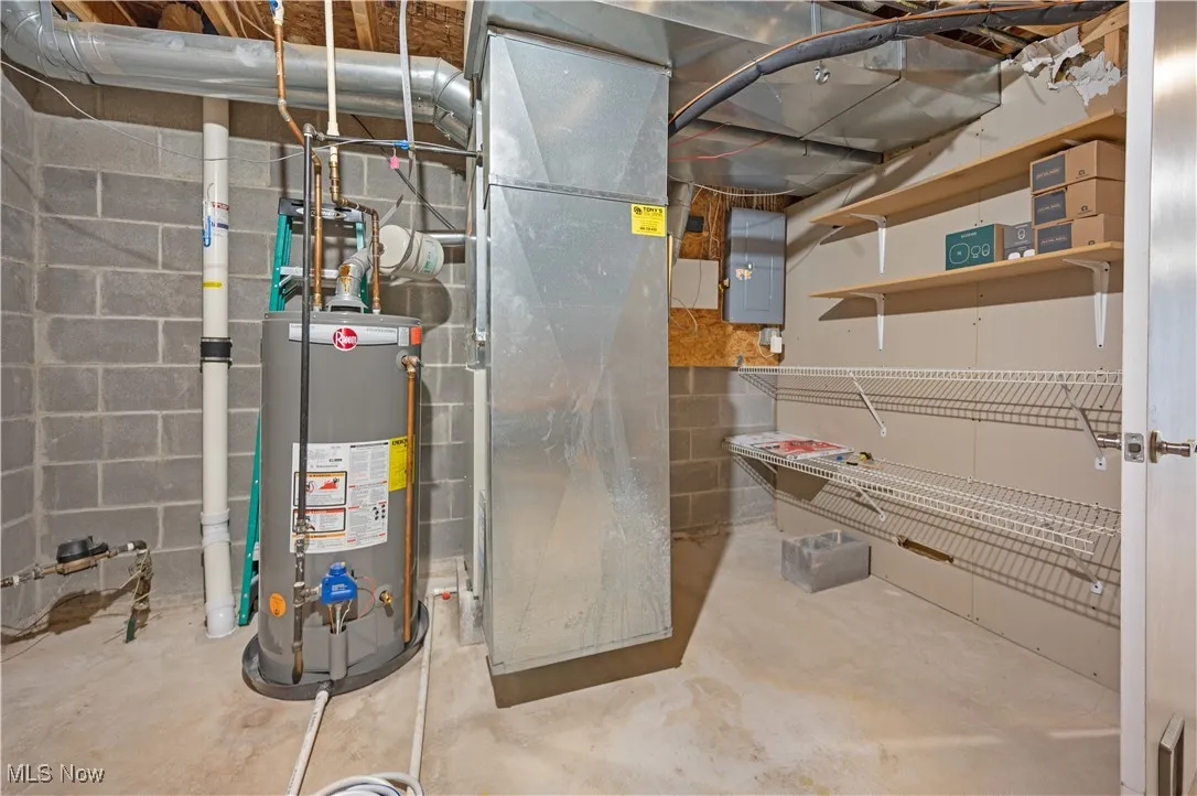 Utilities with electric panel, gas water heater, and heating unit