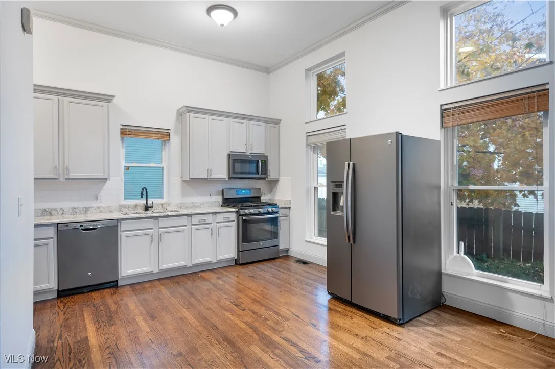 Kitchen featuring stainless steel appliances, decorative backsplash, crown molding, and healthy amount of natural light