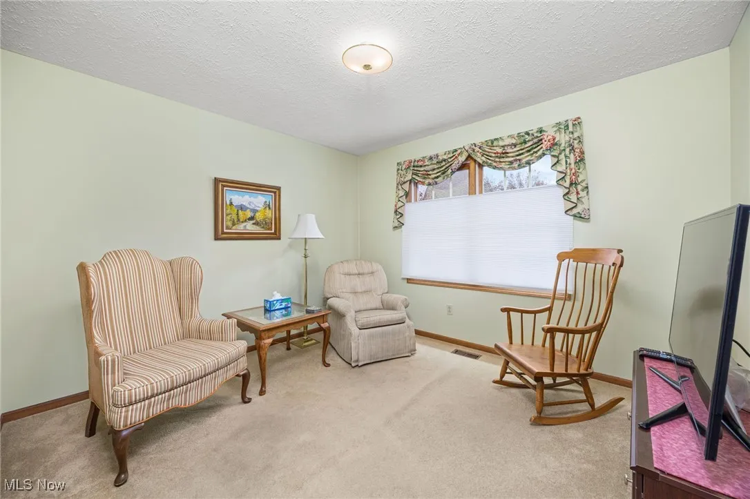 Sitting room with a textured ceiling and carpet flooring