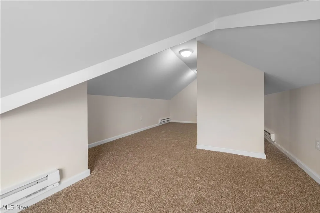 Bonus room featuring a baseboard heating unit, light carpet, a baseboard radiator, and vaulted ceiling