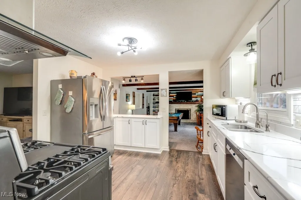 Kitchen with white cabinetry, stainless steel appliances, dark wood-style floors, range hood, and a fireplace