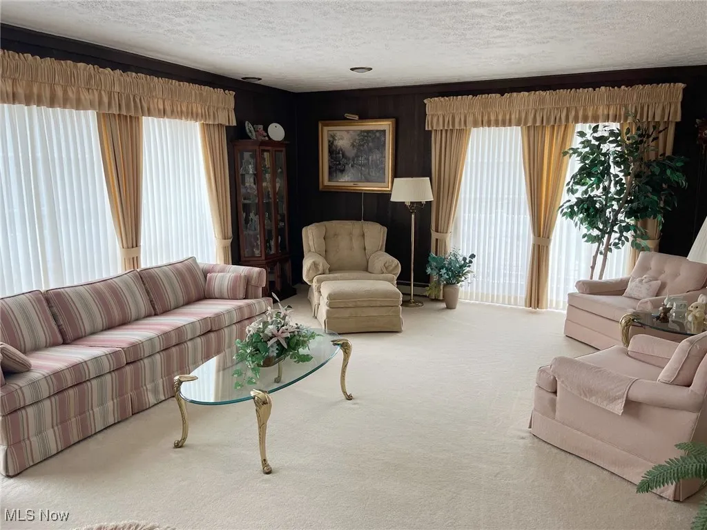 Two sets of sliding glass doors in living room offer great views and lots of natural light