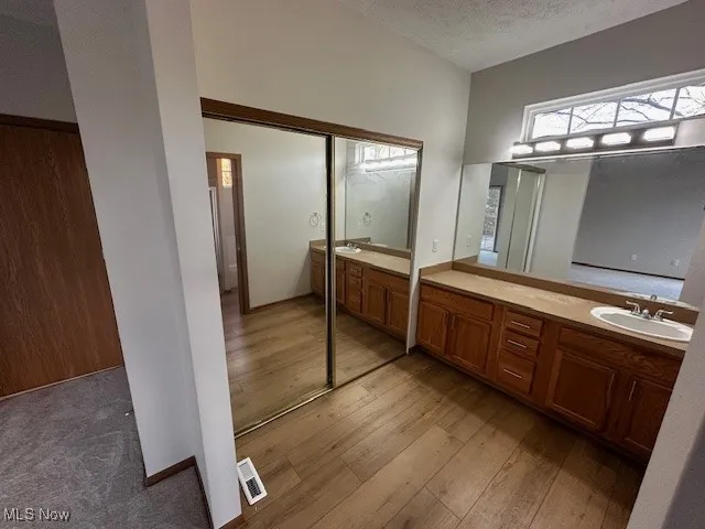 Bathroom with vanity, a textured ceiling, and light wood-type flooring