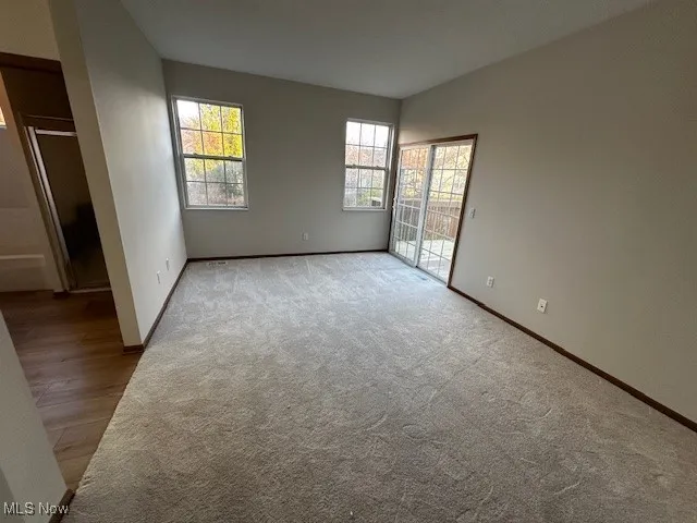 Unfurnished bedroom featuring access to exterior and light colored carpet