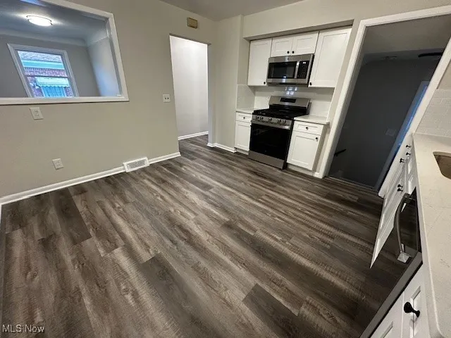 Kitchen with white cabinets, stainless steel appliances, and dark wood-style flooring