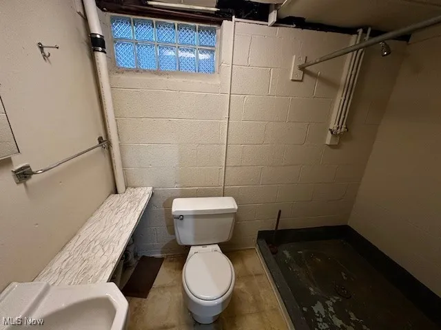 Full bathroom with toilet and a stall shower