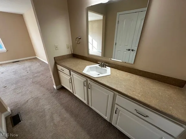 Bathroom featuring dark colored carpet and vanity