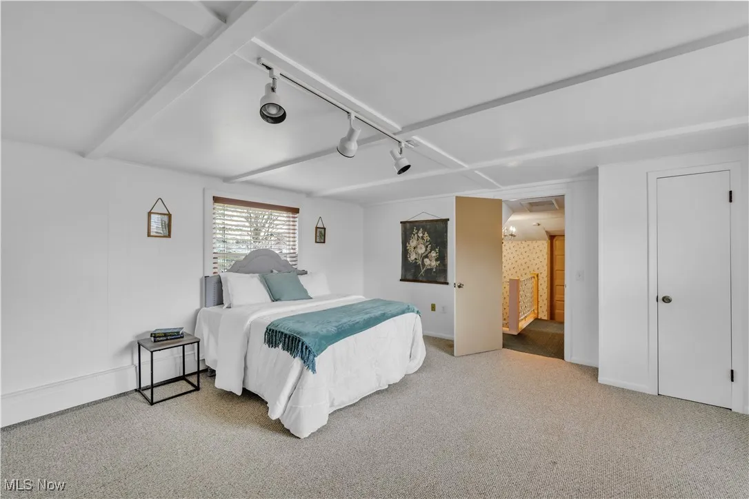 Bedroom with rail lighting and light carpet