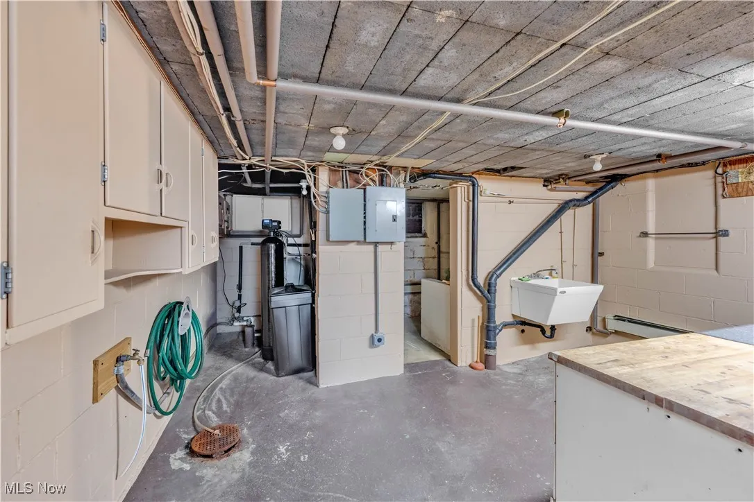 Unfinished below grade area featuring electric panel, a water softener, and baseboard heating