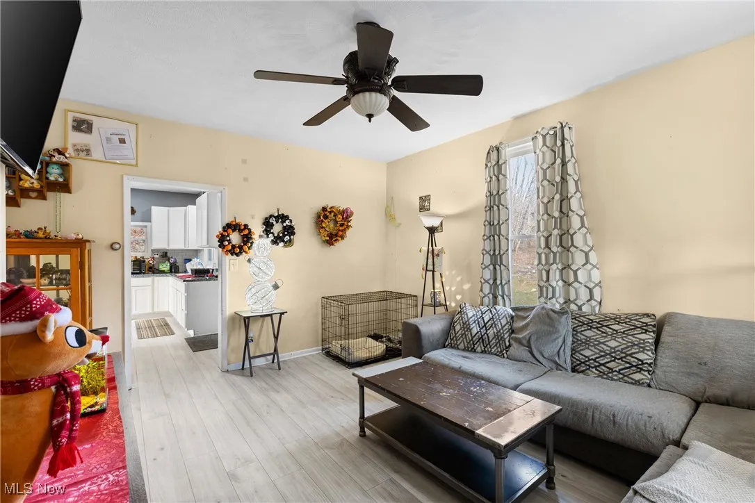 Living room with wood finished floors and a ceiling fan
