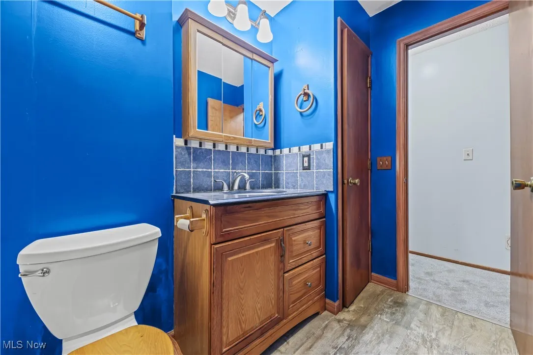 Bathroom featuring vanity, backsplash, and light wood finished floors