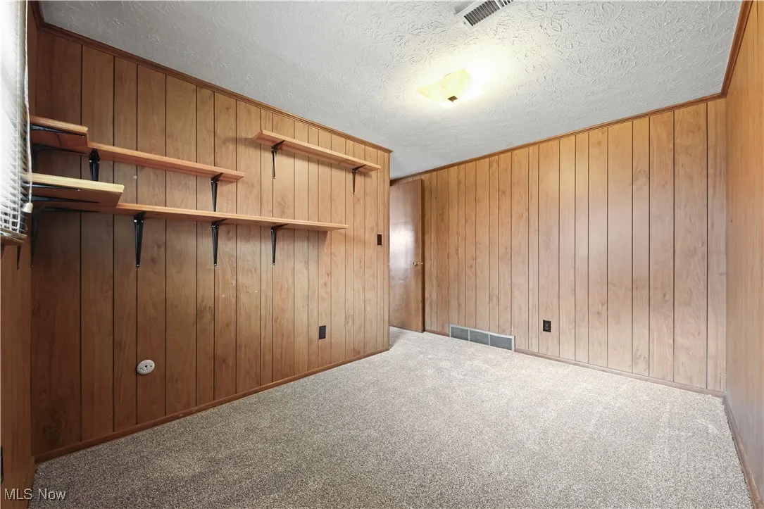 Carpeted empty room with wood walls and a textured ceiling