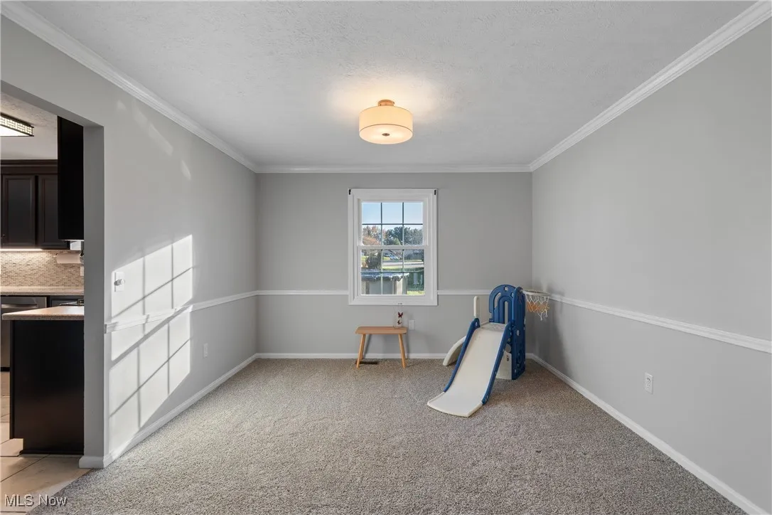 Game room with crown molding, a textured ceiling, and light carpet