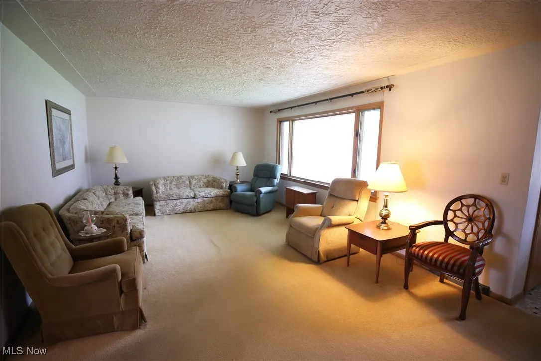 Carpeted living area featuring a textured ceiling