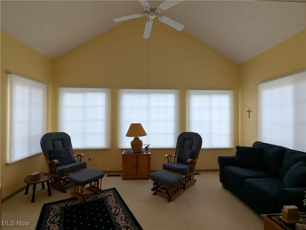 Sun room with custom blinds and ceiling fan