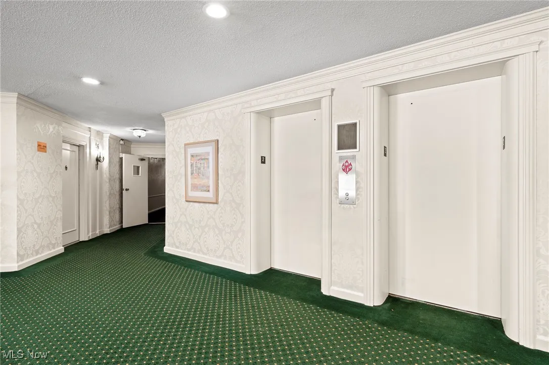 Corridor with carpet, a textured ceiling, wallpapered walls, elevator, and crown​​‌​​​​‌​​‌‌​‌‌​​​‌‌​‌​‌​‌​​​‌​​ molding