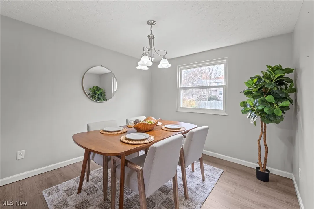 Dining area featuring light wood-type flooring, a textured ceiling, and a chandelier