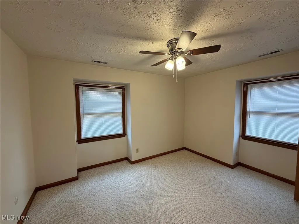 Unfurnished room with a textured ceiling, light carpet, healthy amount of natural light, and a ceiling fan