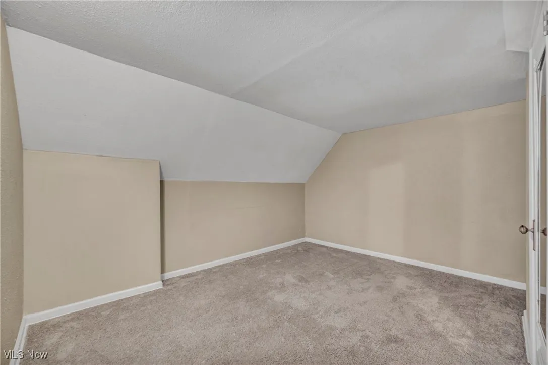Additional living space with vaulted ceiling, light carpet, and a textured ceiling