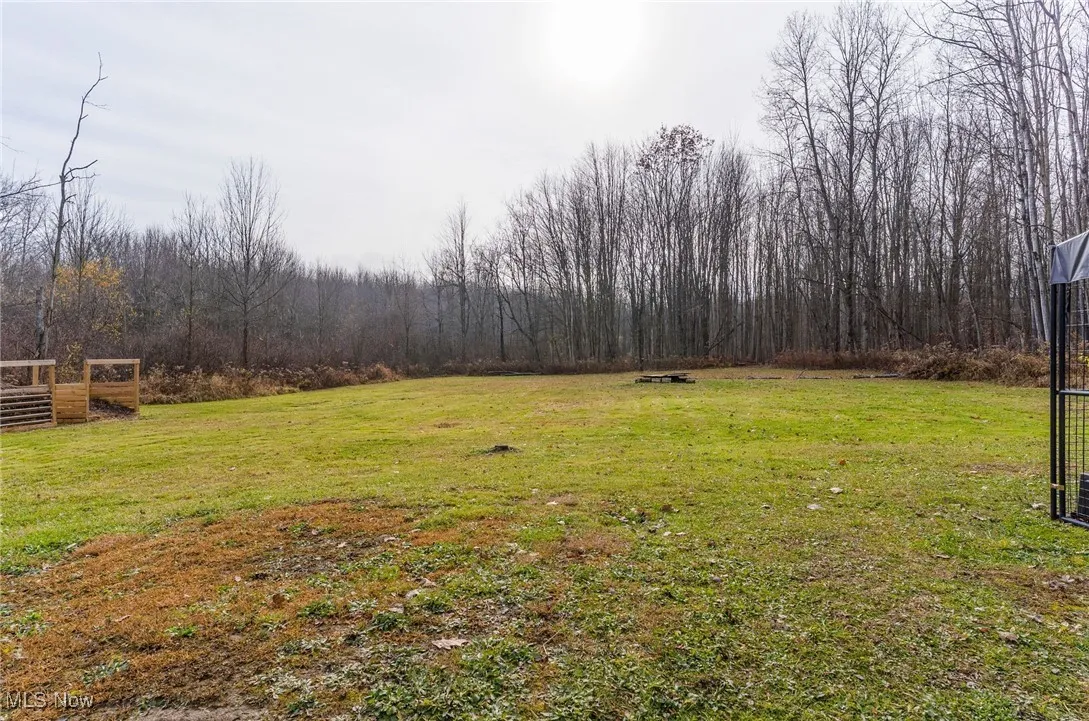 View of green lawn featuring a forest view