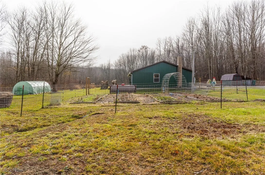 View of yard with a garden and greenhouse