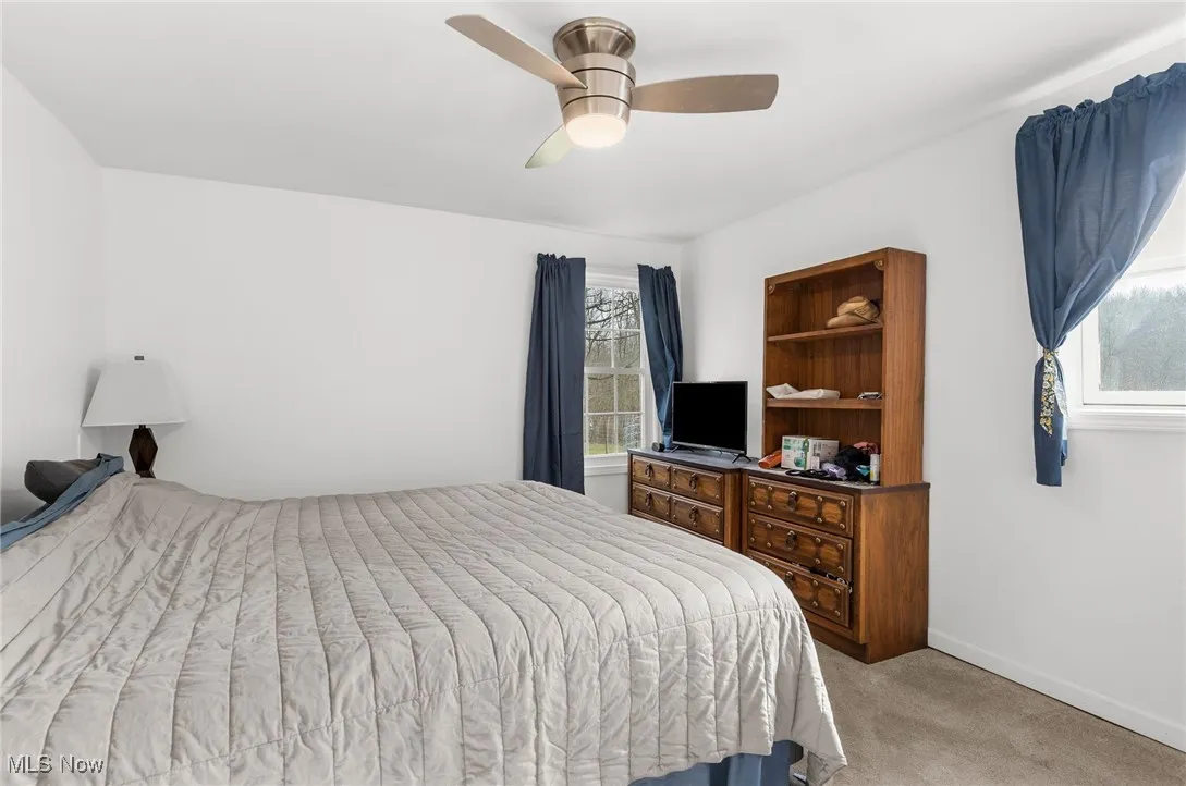 Bedroom featuring light carpet and ceiling fan