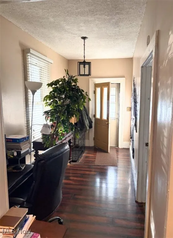 Entrance foyer featuring a textured ceiling and dark wood finished floors