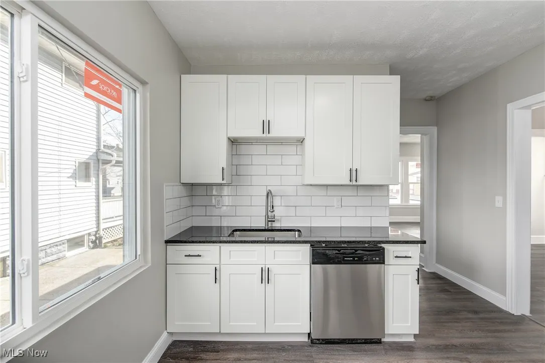 Kitchen with stainless steel dishwasher, white cabinetry, dark stone countertops, dark wood-style floors, and backsplash