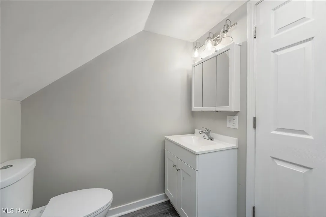 Half bath featuring vaulted ceiling, vanity, and dark wood-style flooring