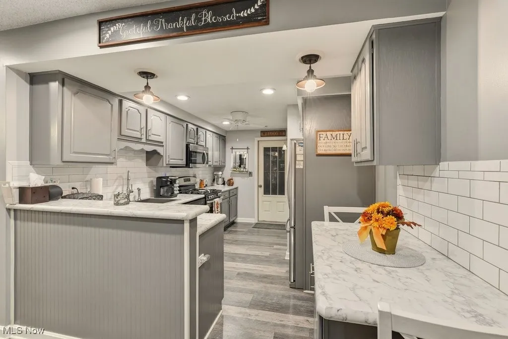 Kitchen with gray cabinetry, tasteful backsplash, light countertops, appliances with stainless steel finishes, and recessed lighting