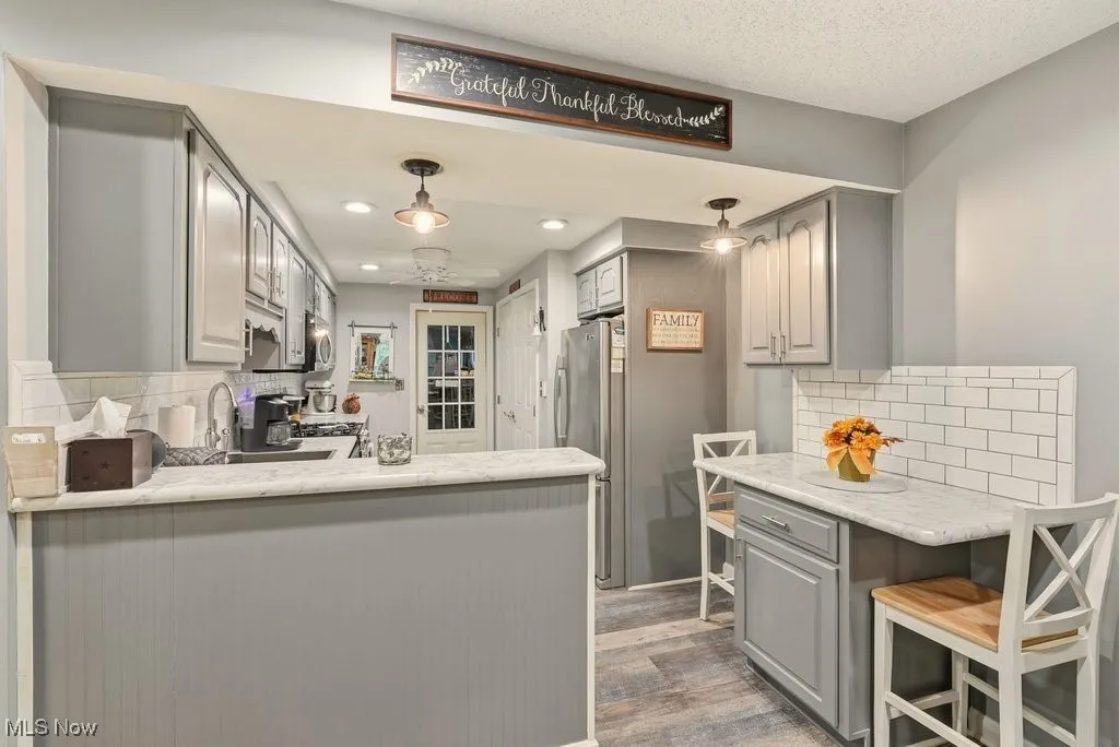 Kitchen with decorative backsplash, gray cabinetry, a peninsula, dark wood finished floors, and stainless steel appliances