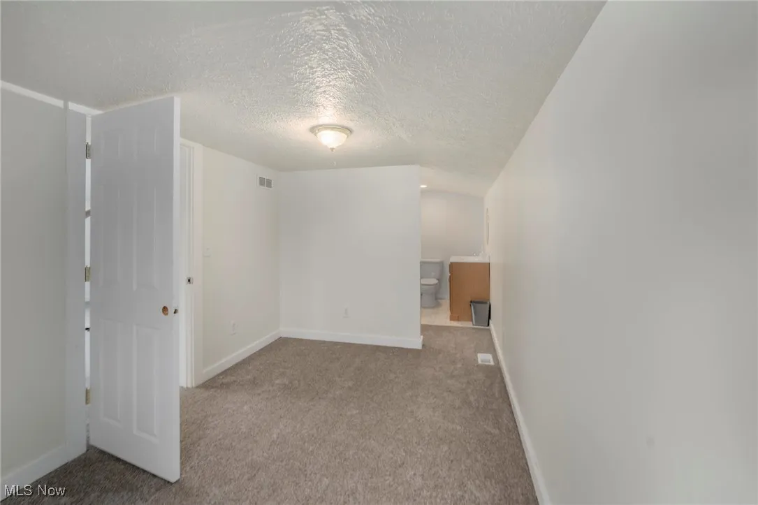 Unfurnished room with a textured ceiling and light colored carpet
