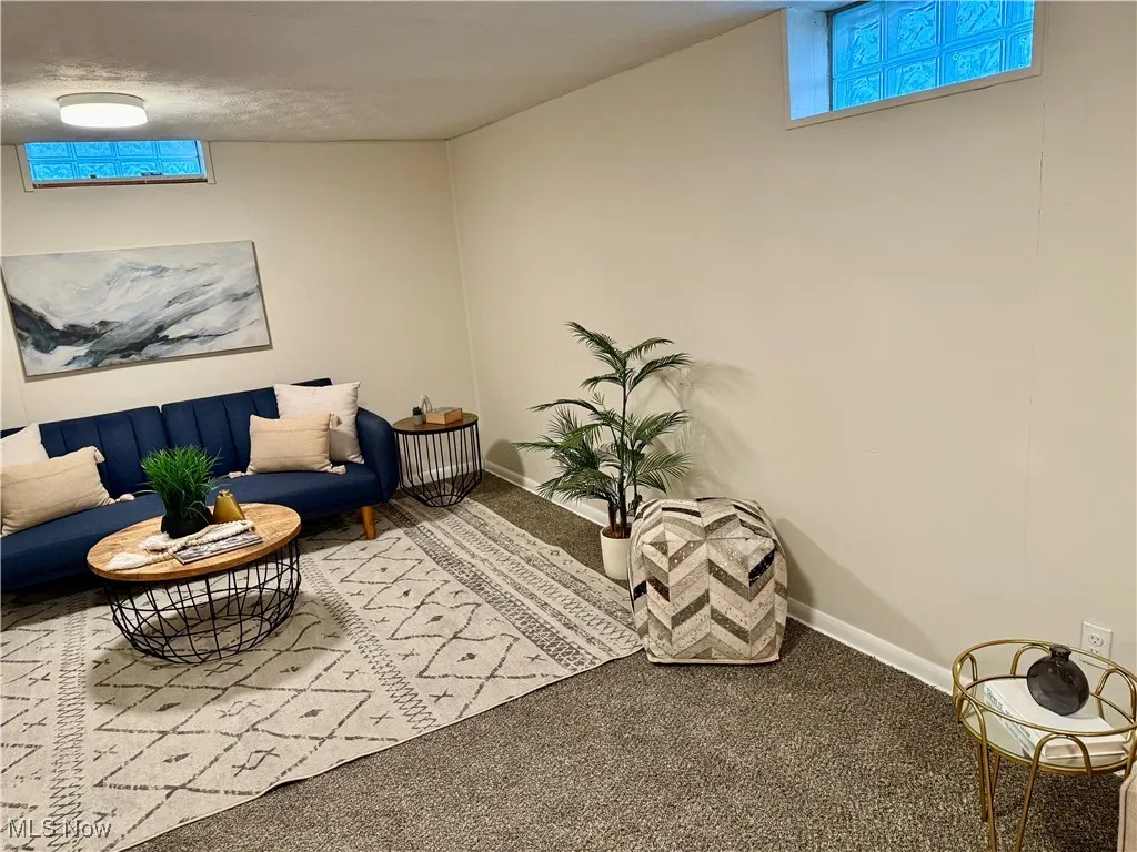 Living area featuring carpet floors and baseboards