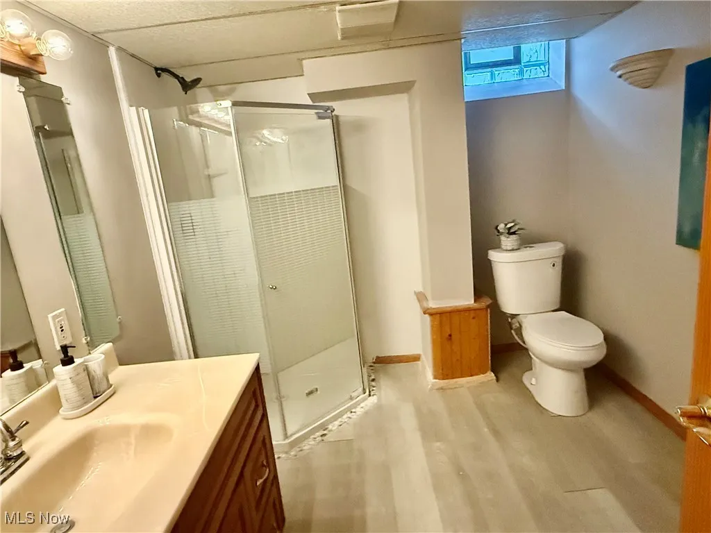 Full bath featuring a shower stall, vanity, and light wood-style floors