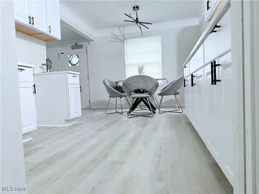 Dining room featuring light wood-type flooring and a ceiling fan