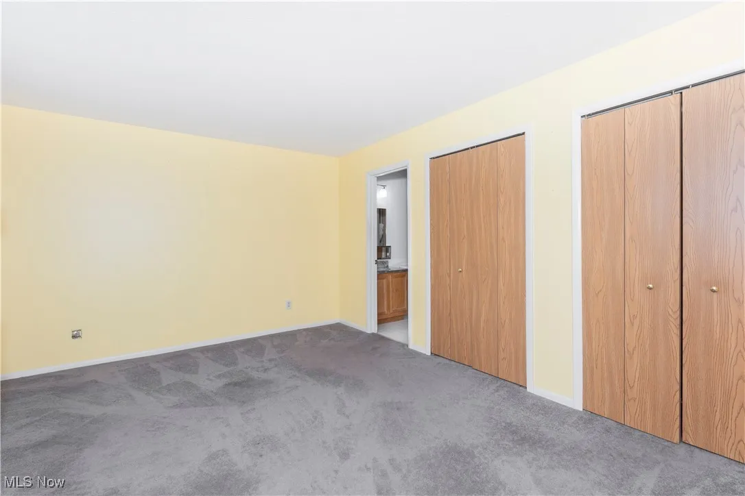 Unfurnished bedroom with two closets and carpet flooring