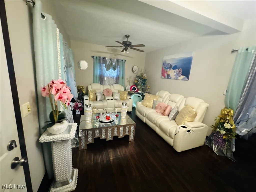 Living room with wood finished floors and a ceiling fan