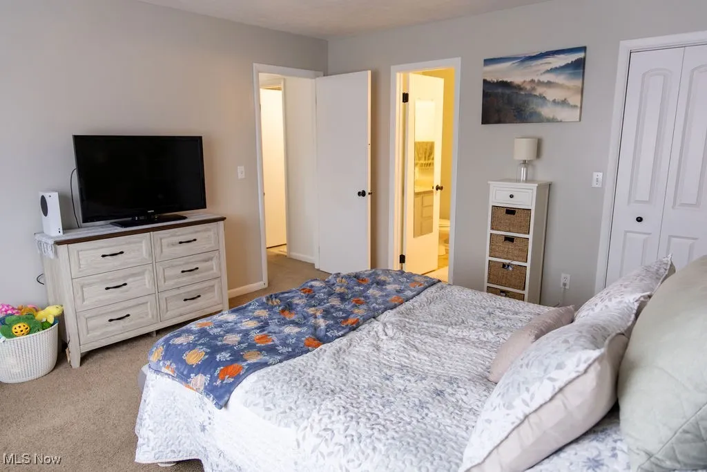 Bedroom featuring light colored carpet and a closet