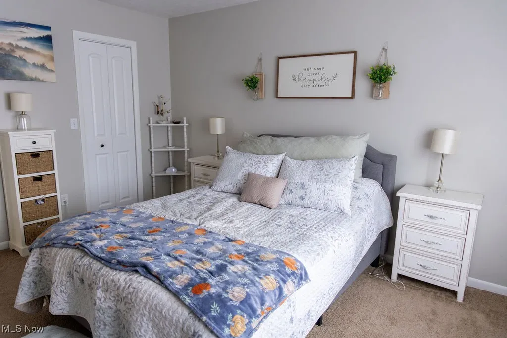 Carpeted bedroom with a closet and baseboards