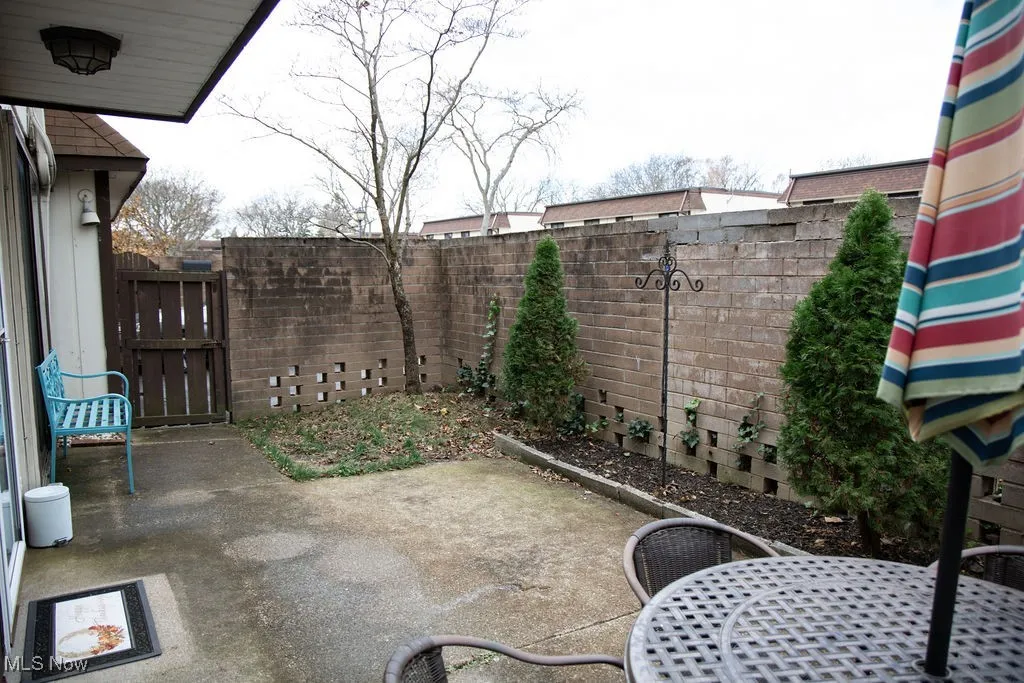 Fenced backyard with a patio area
