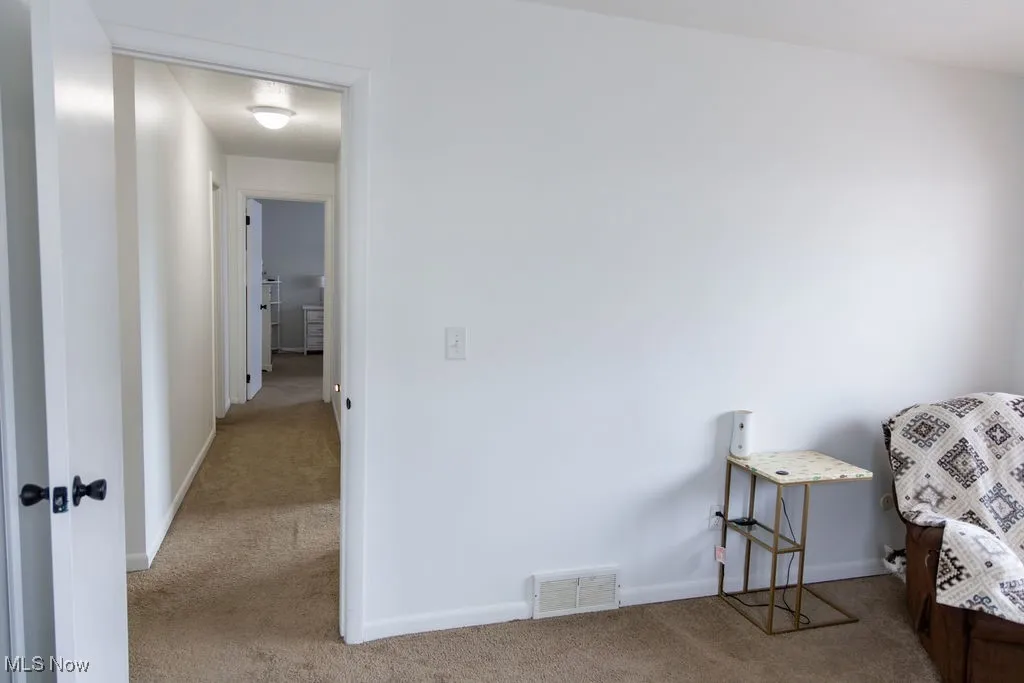 Sitting room featuring light colored carpet and baseboards