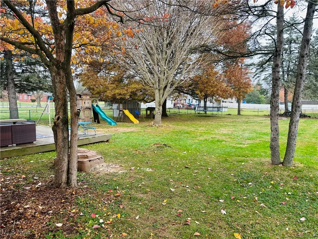 Fenced backyard with a deck
